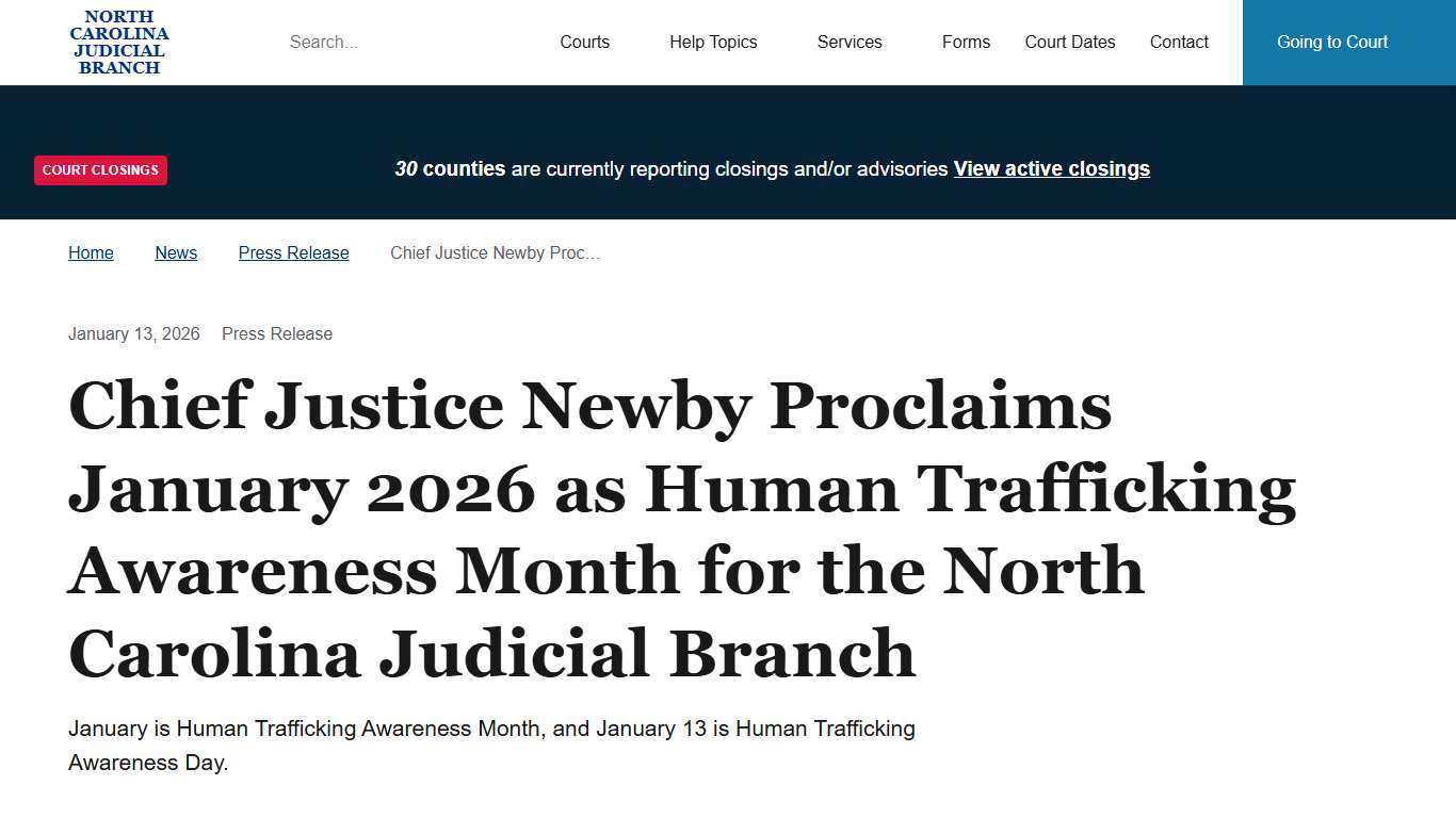 Chief Justice Newby Proclaims January 2026 as Human Trafficking Awareness Month for the North Carolina Judicial Branch North Carolina Judicial Branch
