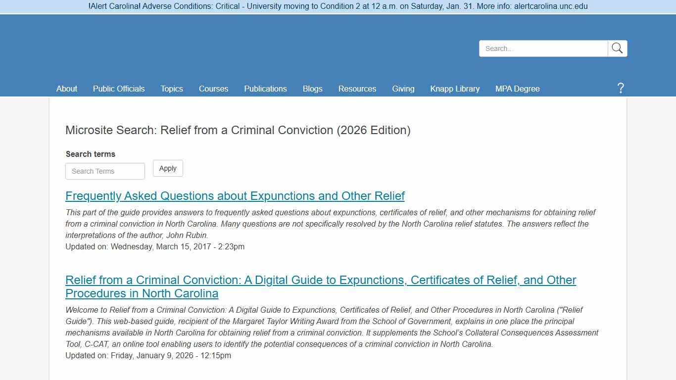 Microsite Search: Relief from a Criminal Conviction (2026 Edition) UNC School of Government