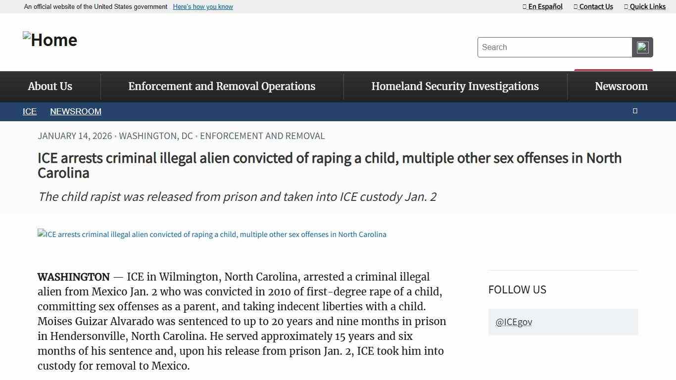 ICE arrests criminal illegal alien convicted of raping a child, multiple other sex offenses in North Carolina ICE