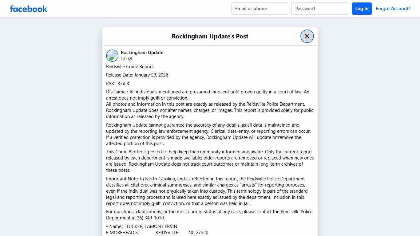Reidsville Crime Report Release Date:... - Rockingham Update Facebook
